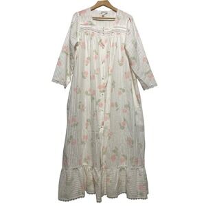 VTG Willow Creek Long Rose Stripe Lace Trim Button Up Nightgown Sz M Cottagecore